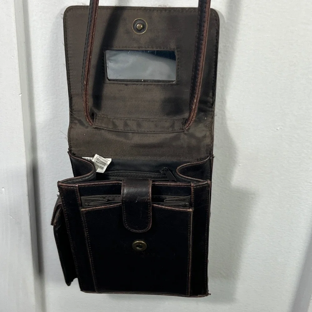 Dark Brown Leather Crossbody Bag Embossed Medallion Small Travel Messenger Purse